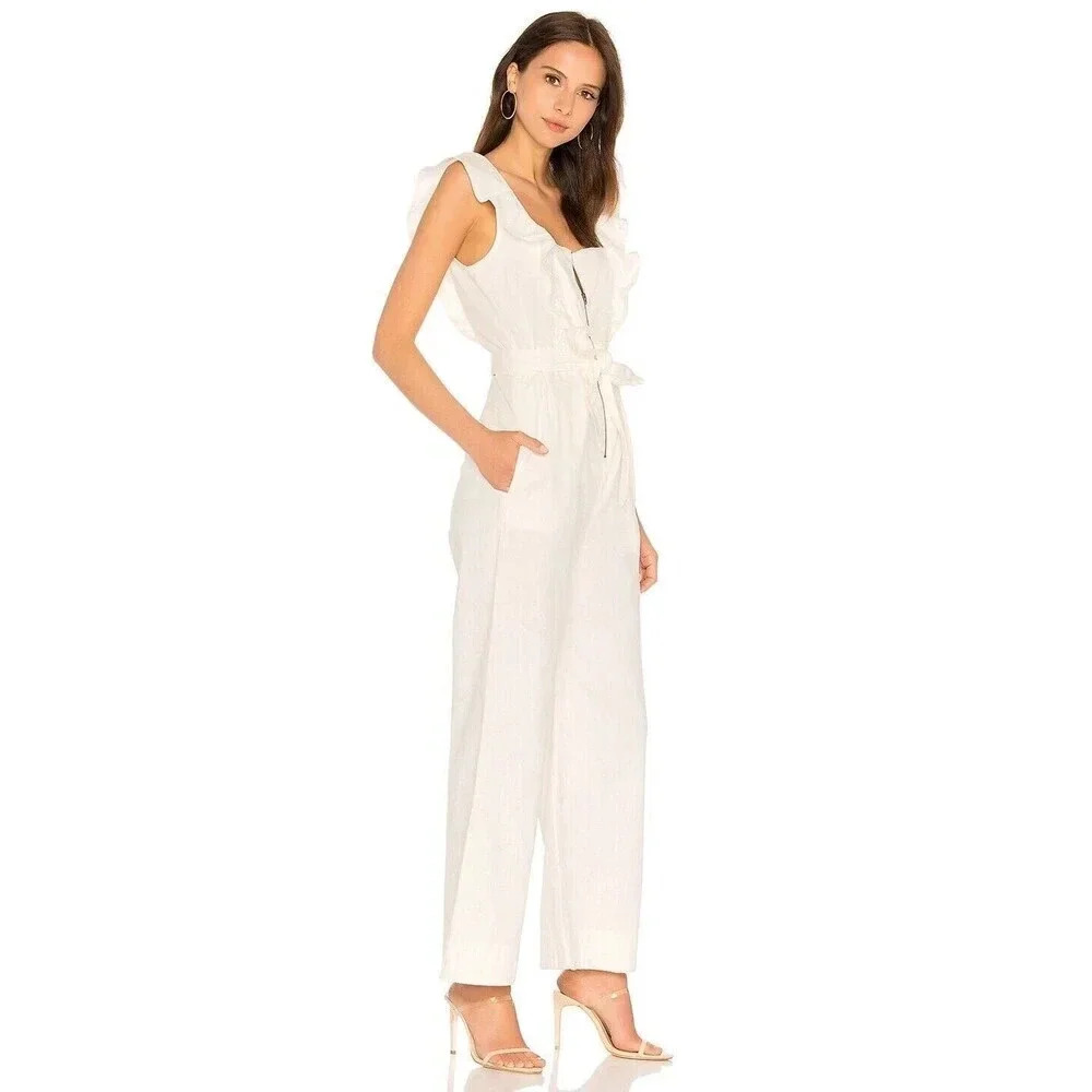 Free People Sun Valley Jumpsuit Womens Sz 2 White Sleeveless Cotton Denim Ruffle - Picture 16 of 16